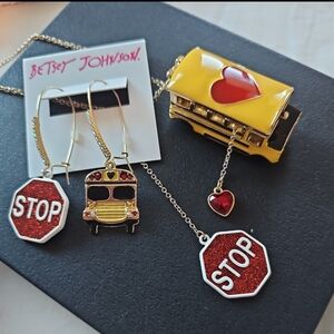 BETSEY JOHNSON SET Mismatched School Bus & Stop Sign Earrings & Bus Necklace NWT